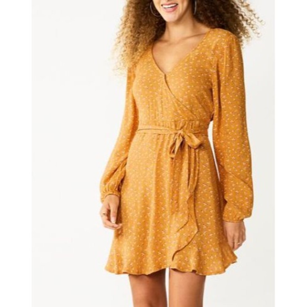 SO Large Mustard Yellow Floral Faux Wrap Dress Long Sleeve Tie Waist Boho Vneck
